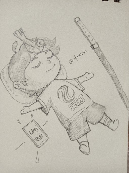 A pencil sketch of a chibi character wearing an INJ t-shirt and a crown, lying down next to a dropped smartphone and belt, signed @qffra.v1.