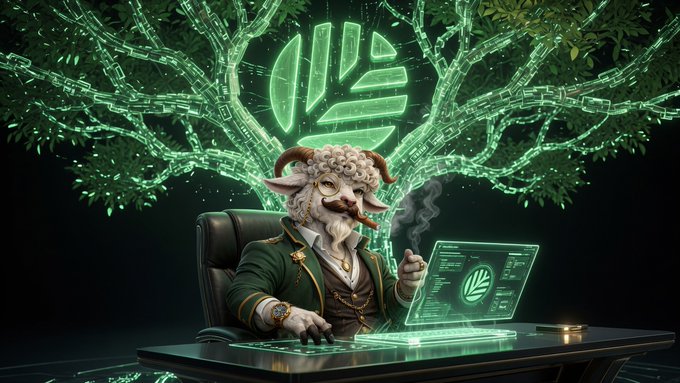A digital artwork featuring an anthropomorphic sheep character with horns and a mustache, wearing a Victorian suit and smoking a cigar, working at a futuristic computer terminal with a glowing green leaf logo and tech-themed tree in the background.