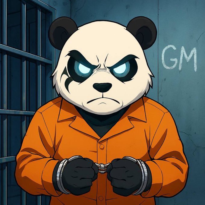 An anthropomorphic panda with an intense glare wears an orange prison jumpsuit and broken handcuffs in a cell, with "GM" scrawled on the wall behind him—visually personifying a rugged "Good morning" greeting.
