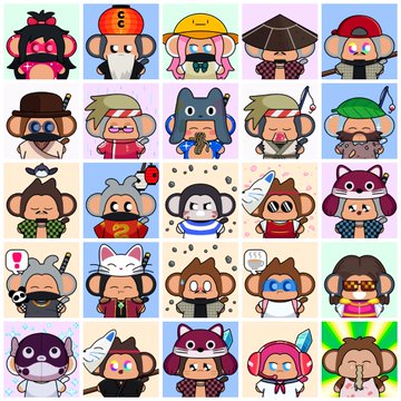 A grid of 25 cartoon monkey characters in various costumes, outfits, and poses.