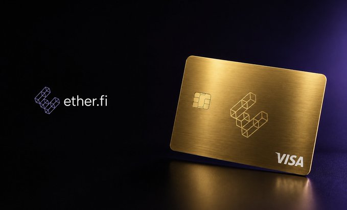A promotional image displaying a gold-colored 'ether.fi' branded Visa card alongside the ether.fi logo, set against a dark background with purple lighting.