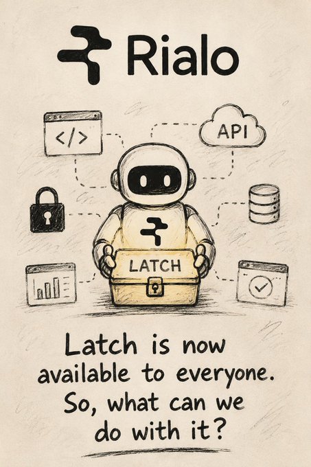 A sketched promotional image for Rialo featuring a robot holding a box labeled 'LATCH', with the text 'Latch is now available to everyone. So, what can we do with it?' surrounded by tech-related icons.