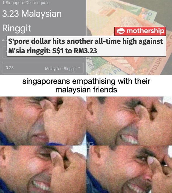 A meme showing a Mothership news headline that "1 Singapore Dollar equals 3.23 Malaysian Ringgit" with the caption "singaporeans empathising with their malaysian friends," paired with a four-panel image of a man crying. The meme highlights how Singaporeans are expressing sympathy for Malaysians as the strong Singapore dollar reaches a new all-time high against the weakening ringgit.