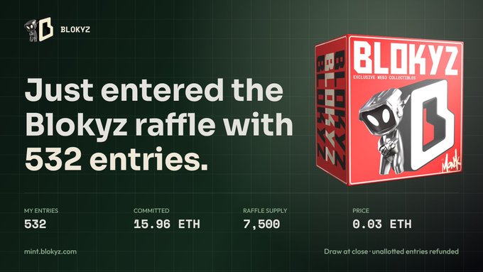 The image shows a Blokyz raffle entry with 532 entries, committed 15.96 ETH, a raffle supply of 7,500, and a price of 0.03 ETH, relating to the post's excited commentary about bidding.