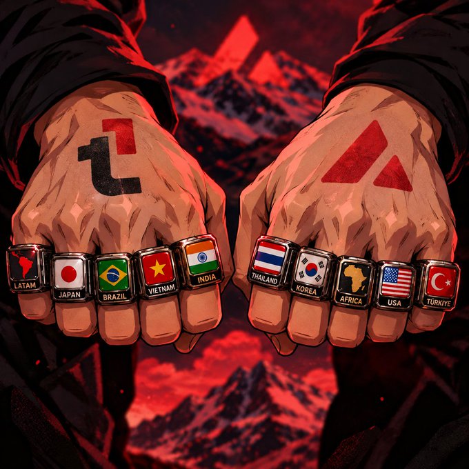 An illustrated image showing two clenched fists facing each other, each wearing rings with country flags and labels including 'LATAM', 'JAPAN', 'BRAZIL', 'VIETNAM', 'INDIA', 'THAILAND', 'KOREA', 'AFRICA', 'USA', and 'TÜRKIYE', set against a red mountainous background.