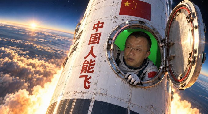 A digitally composed image shows a man in an astronaut suit looking out from the open hatch of a rocket adorned with the Chinese flag and the characters "中国人能飞" (Chinese people can fly), set against a backdrop of clouds and a sunset.