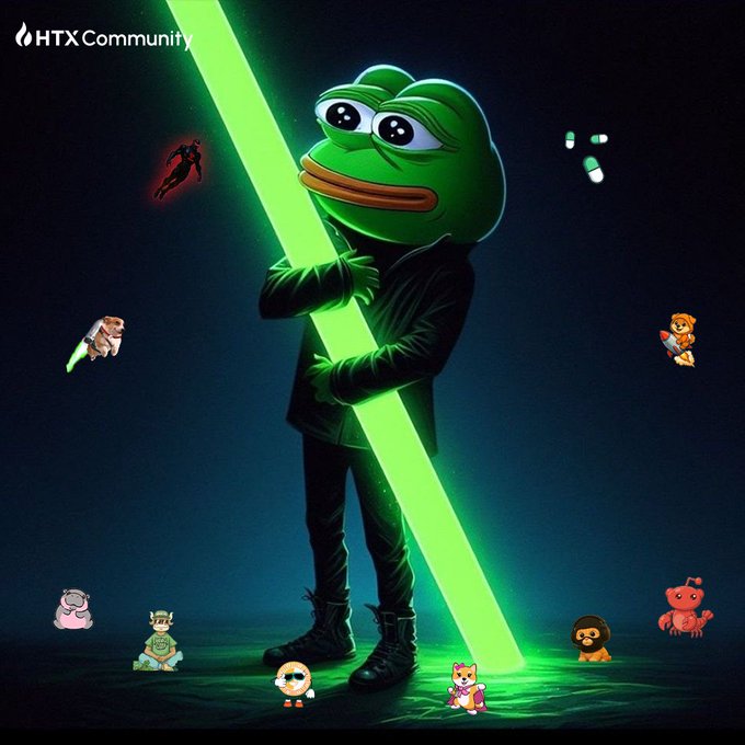 The image features the iconic "Sad Pepe" frog dressed as a Jedi in dark robes, wielding a glowing green lightsaber, with various small crypto meme characters scattered around him, and the text "HTX Community" in the top-left corner. The image ties to the post by embodying the "hold your ground" message—Pepe stands firm and steadfast like a Jedi master, symbolizing the patience and steadfast conviction needed for holding through market volatility, with the little meme creatures representing the various crypto assets being held in the HTX community.