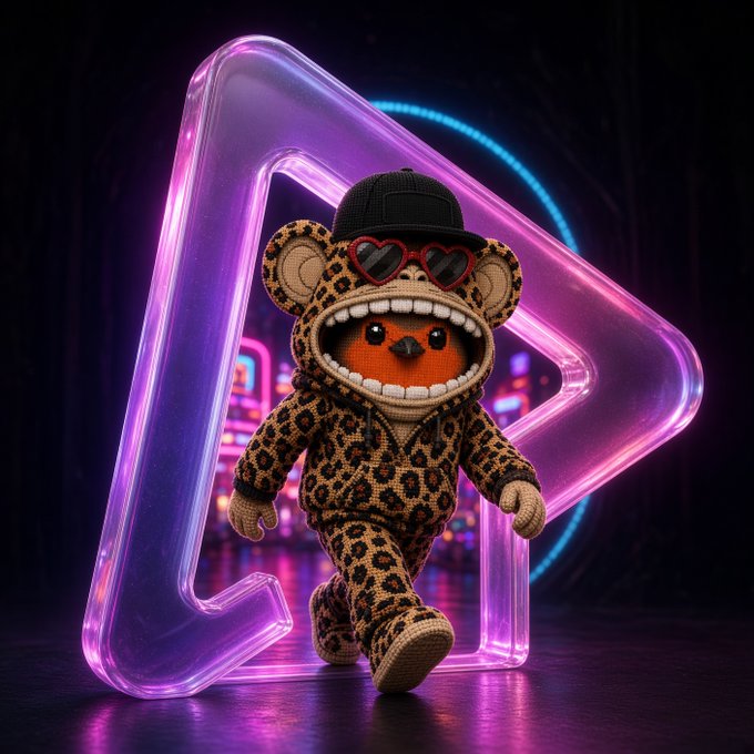 A 3D-rendered art toy character with a leopard print body, large toothy grin, red heart-shaped sunglasses, and a black cap walks in front of a glowing purple neon triangle frame.