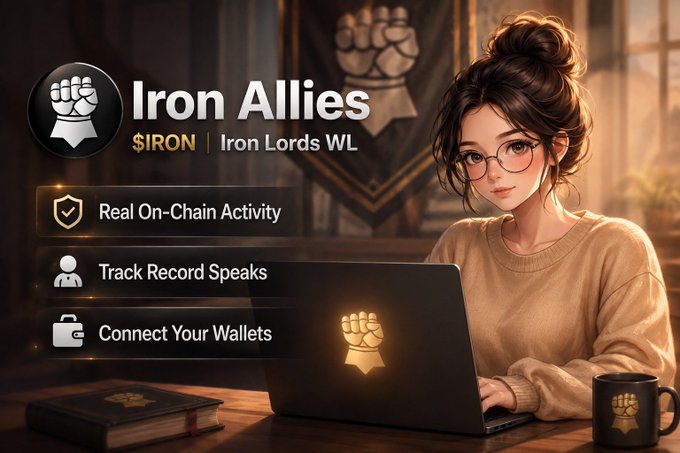 A promotional graphic titled 'Iron Allies $IRON | Iron Lords WL' featuring an anime-style woman with glasses working on a laptop, alongside text features 'Real On-Chain Activity', 'Track Record Speaks', and 'Connect Your Wallets'.