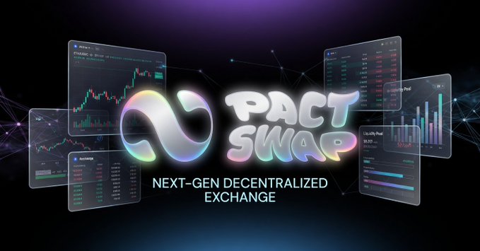 A banner for PactSwap, labeled 'NEXT-GEN DECENTRALIZED EXCHANGE', featuring its logo and screenshots of trading interfaces with charts and liquidity pools.