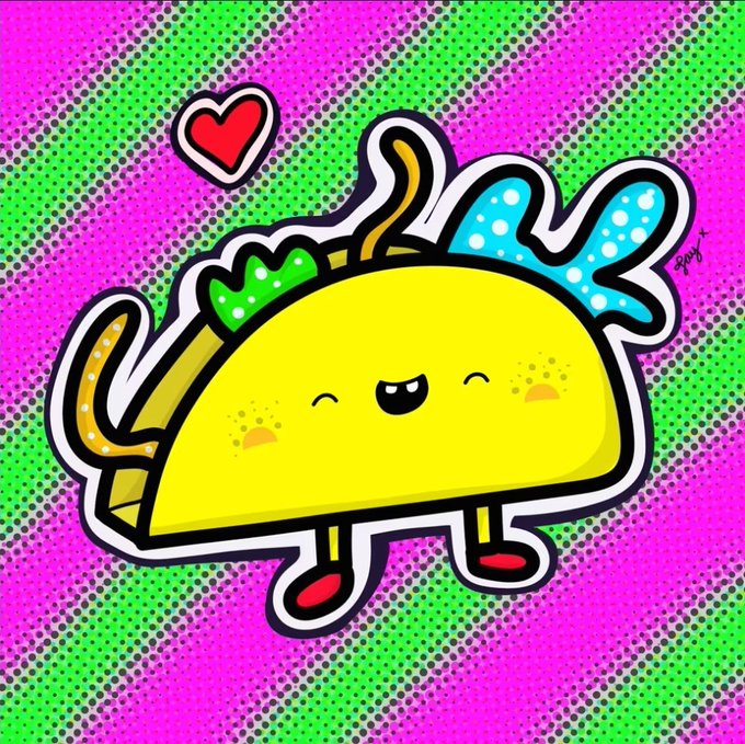 A vibrant pop-art style illustration of a cute cartoon taco character with stick legs and a bow, set against a halftone dot background in bright green and magenta, with a red heart above.