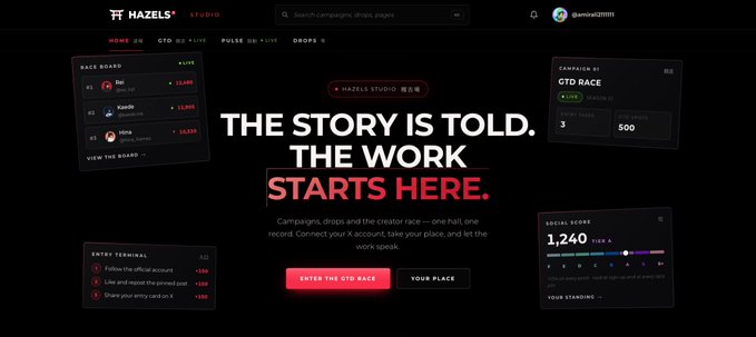 The image shows the Hazels Studio dashboard promoting "THE STORY IS TOLD. THE WORK STARTS HERE." for a GTD Race campaign with a 12,500 prize pool, a social score of 1,240, and a 3-day/500-seat format—aligning with the post's excitement about building on the GN x CT protocol and anticipation for what's launching inside Hazels.