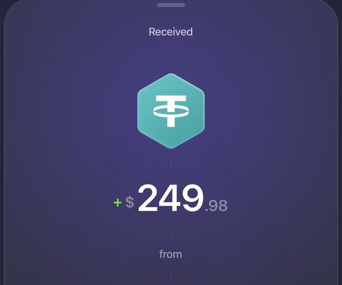 A USDT “Received” screen shows **+$249.98**, matching the accompanying post about giving away a $250 tip. The post thanks **@yungreal69, @yungossian, and @pp_privatejet** and asks followers to comment their USDT ERC-20 addresses.