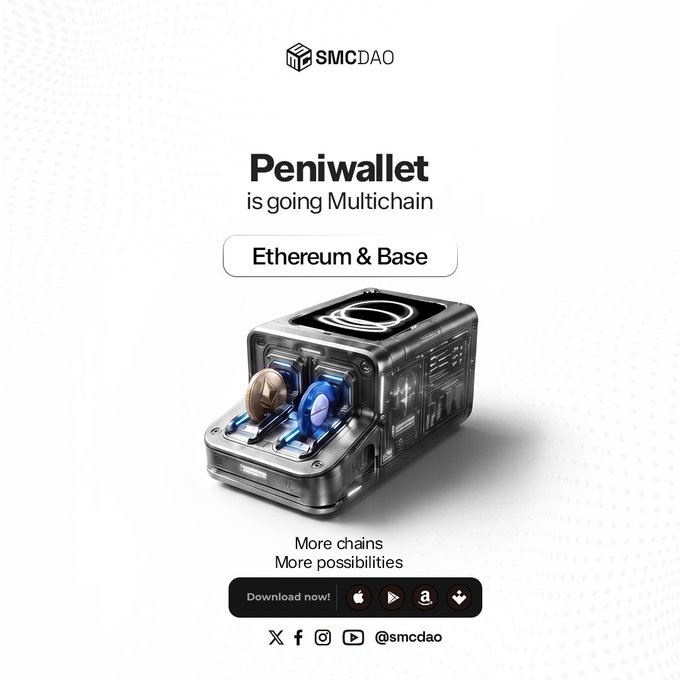 Promotional image for SMCDAO's 'Peniwallet' going multichain on Ethereum & Base, featuring a futuristic metallic wallet device.