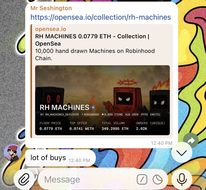 A Telegram chat screenshot from "Mr Seshington" shares an OpenSea link for the "RH MACHINES" NFT collection, showing a floor price of 0.0779 ETH, with the user commenting "lot of buys" alongside a message lamenting selling faded RH Machines at 0.006 ETH before the floor price climbed to 0.093 ETH.