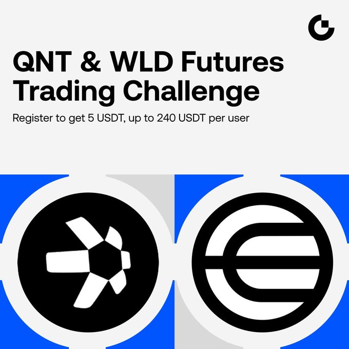 A clean, gray and blue promotional graphic announces a "QNT & WLD Futures Trading Challenge," offering 5 USDT for registration and up to 240 USDT per user. It features the black-and-white circular logos for Quant ($QNT) and Worldcoin ($WLD) side-by-side, visually pairing the two cryptocurrencies as highlighted in the accompanying competition announcement.