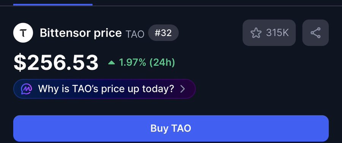 The image shows a screen of a Bittensor price dashboard with various information displayed, including the current price at $26.53, an explanation for why the price is up 1.57% within 24 hours, and options for buying or selling Tao's currency on the marketplace. The focus of this post should be on understanding these details in the context of Bittensor and its market offerings.