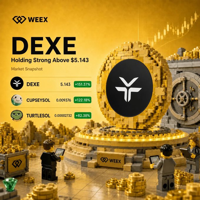 A Weex crypto market snapshot displays a large gold coin emblazoned with the DEXE logo, surrounded by Lego-style figures and stacks of coins against a chart-patterned yellow background. The graphic highlights three tokens—$DEXE at $5.143 (+151.37%), $CUPSEYSOL at $0.009376 (+122.18%), and $TURTLESOL at $0.00002732 (+82.38%)—under the headline "DEXE Holding Strong Above $5.143," encouraging viewers to comment their pick for the next top performer.