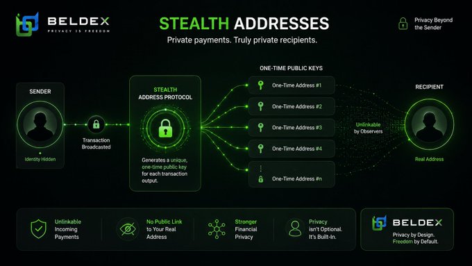 An infographic for Beldex explains their 'Stealth Addresses' protocol, detailing how it generates unique one-time public keys for each transaction output to ensure private payments and unlinkable recipients.