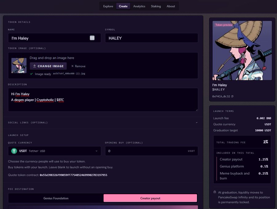 A token creation page on a platform shows details for a token named 'I'm Haley' with the symbol 'HALEY', including a launch fee of 0.002 BNB.