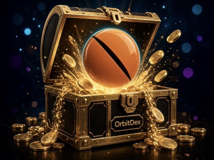 An ornate gold and black treasure chest labeled "OrbitDex" bursts open to reveal a glowing orange sphere and cascading golden coins, visually echoing the OrbitDex giveaway's promise of crypto rewards ($USDG) for solving the riddle. The magical, coin-filled scene reinforces the post's invitation to win digital prizes through the #OrbitRiddle challenge.