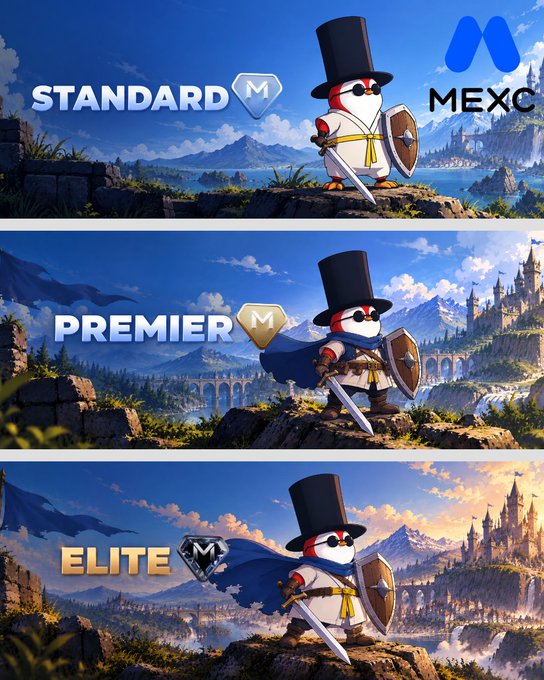A promotional graphic for MEXC displays three tiers—'STANDARD', 'PREMIER', and 'ELITE'—each featuring a penguin warrior character in increasingly elaborate armor.