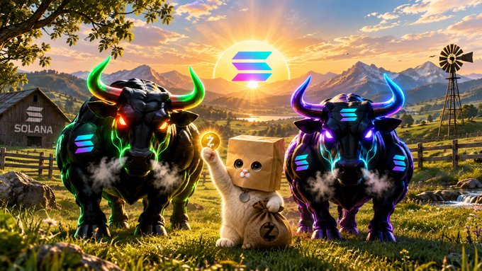 A cheerful cube-headed cat waves a coin between two neon-glowing mechanical bulls on a ranch at sunrise, with the Solana logo glowing in the sky and a "SOLANA" barn in the background—visually capturing the bullish spirit of $SOL and its meme coin companions $CURB, $ZCAT, and $ANSEM.