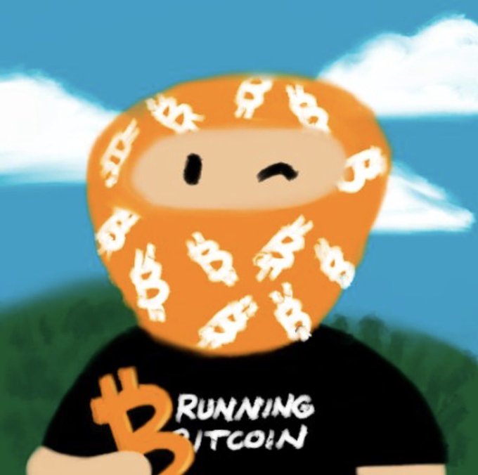 A cartoon character wears an orange Bitcoin-patterned ski mask and a black t-shirt reading "RUNNING BITCOIN" with a Bitcoin symbol, depicting a crypto "robber" theme that matches the post's "Running Bitcoin" caption from @ftw_collective.