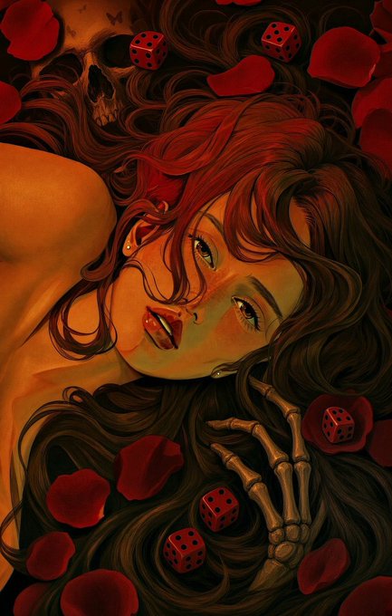A stylized digital artwork of a woman with long, flowing reddish-brown hair lying down, surrounded by red rose petals, red dice, and a skeletal hand against a dark background.