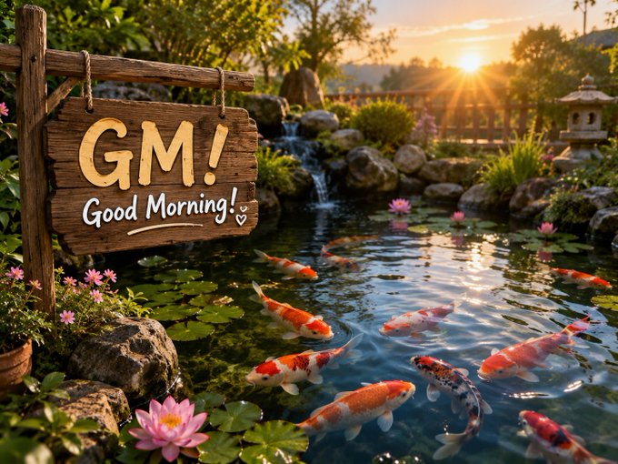 A serene garden scene at sunrise features a wooden sign reading 'GM! Good Morning!' beside a pond filled with orange and white koi fish and lotus flowers.