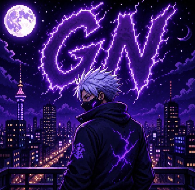 An anime-style digital artwork shows a white-haired character in a dark hooded jacket standing before a nighttime cityscape, with the word 'GN' displayed in purple neon letters in the sky.