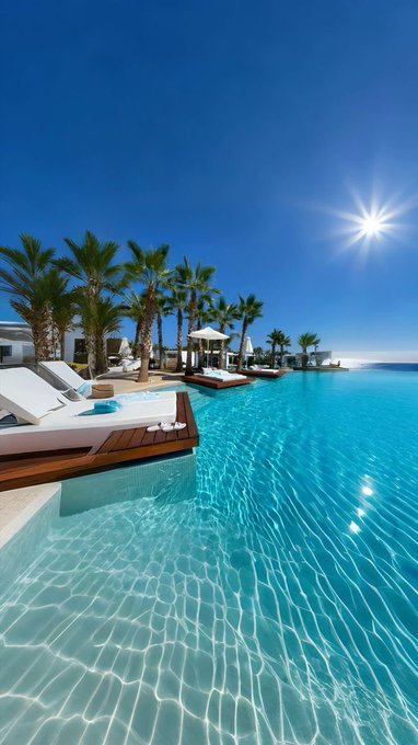 The image features an outdoor pool area surrounded by palm trees under a clear blue sky. The sun is shining brightly, creating a warm and inviting atmosphere. There are several lounge chairs placed around the poolside, providing a comfortable space for relaxation. In addition to the lounge chairs, there are also some umbrellas present in the scene, offering shade from the sun.