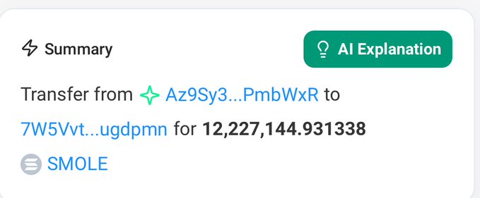 A blockchain transaction summary showing a transfer of 12,227,144.931338 SMOLE tokens from wallet Az9Sy3...PmbWxR to 7W5Vt...ugdpmn, which contradicts the post's claim of sending just $300 worth, as the actual on-chain transfer involves over 12 million SMOLE tokens.