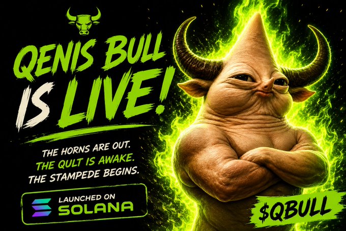 A promotional crypto graphic featuring a muscular horned creature surrounded by green flames with text reading 'QENIS BULL IS LIVE! THE HORNS ARE OUT. THE GULT IS AWAKE. THE STAMPEDE BEGINS. LAUNCHED ON SOLANA' and ticker '$QBULL'.