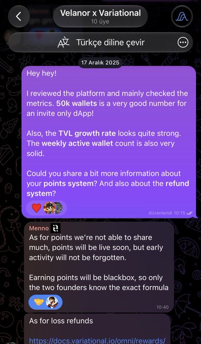 A Telegram conversation between Velanor and Variational dated December 17, 2025, where Velanor praises the platform's 50k wallets and strong TVL growth, then asks about points and refund systems, to which "Menno" responds that points will be live soon but the formula will remain "blackbox," and provides a docs link on omni/rewards. The exchange illustrates a pre-launch discussion about Variational's points program—context for the post noting the opportunity to engage with the project was missed before its points distribution.