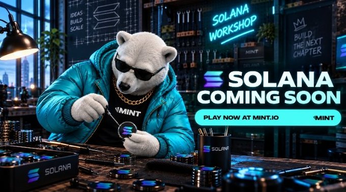 Promotional image featuring a bear character wearing sunglasses and a blue jacket working on electronics, advertising 'SOLANA COMING SOON' at MINT.IO.