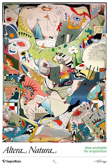 A colorful surrealist artwork titled 'Altera Natura' on SuperRare, featuring abstract faces, eyes, and shapes with text reading 'Now available for acquisition'.