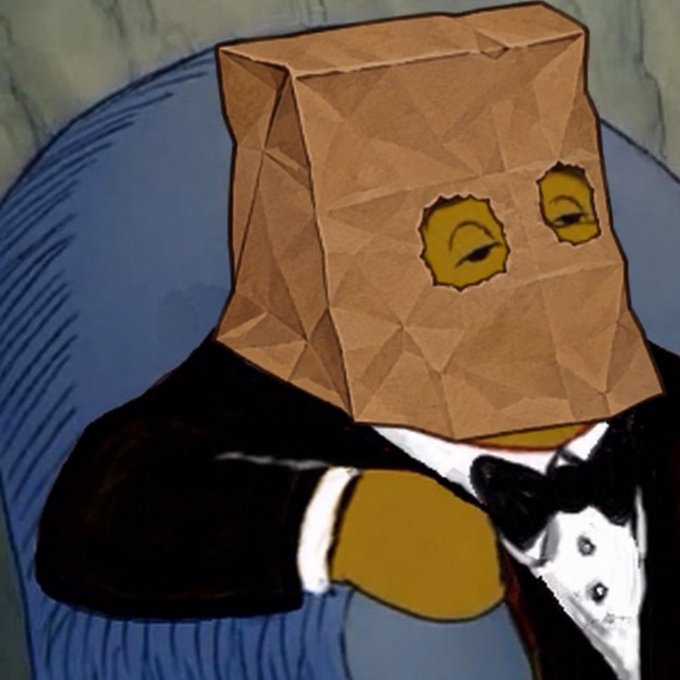 A stylized, cartoonish image depicts a figure in a black suit with a brown paper bag over their head, with two cut-out eye holes revealing glowing yellow eyes.