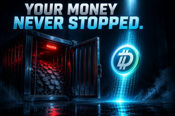 A promotional graphic reads 'YOUR MONEY NEVER STOPPED.' featuring a vault of coins with a 'PAUSED' sign and a glowing DigiByte (DGB) logo.