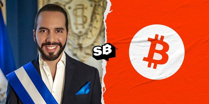 A split graphic showing a man in a suit with a blue and white sash (resembling a flag) on the left, and the Bitcoin logo on an orange background on the right, with a 'SB' logo in the center.