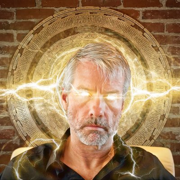 Michael Saylor, with glowing eyes and crackling electric energy emanating from his face in front of a golden Bitcoin emblem, is depicted as a powerful figure channeling the force of cryptocurrency as his Bitcoin bet returns to profitability.