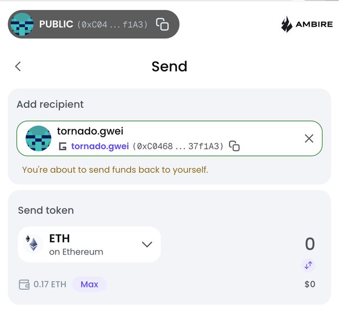 A screenshot of the Ambire crypto wallet interface shows a 'Send' transaction screen to address tornado.gwei, with ETH on Ethereum selected and a balance of 0.17 ETH.