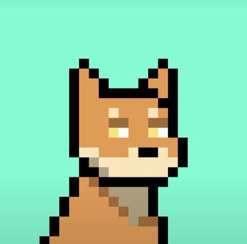 A pixel art illustration of a brown Doginal Dog with pointed ears and yellow eyes, set against a mint green background. The image pairs with a post asking if Dogecoin/Doginal Dog owners have a real-life dog resembling the pixelated character, highlighting the resemblance between the digital collectible and actual pet dogs.