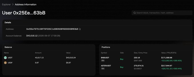 A dark-themed crypto address information page for 'User 0x25Ee...63bB' showing a $43,016.12 balance and long positions on $RNUSDT (+386.43%) and $ASTERUSDT (+990.44%).