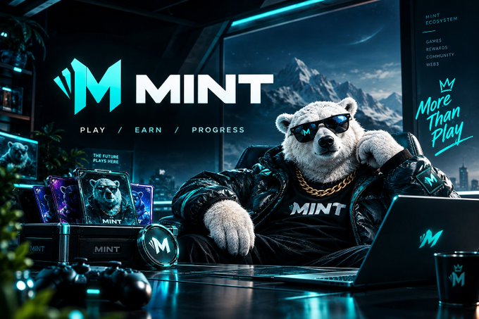 Promotional image for 'MINT' featuring an anthropomorphic polar bear wearing sunglasses and a 'MINT' jacket sitting with a laptop, alongside text 'PLAY / EARN / PROGRESS' and 'More Than Play'.