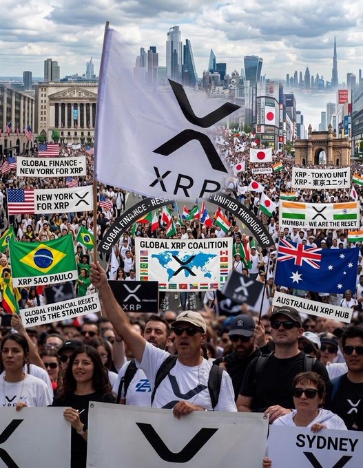 A large crowd of protesters holds XRP cryptocurrency banners and flags from various countries including USA, Brazil, Japan, UK, and Australia, with signs reading 'GLOBAL FINANCE - NEW YORK FOR XRP' and 'XRP IS THE STANDARD' in front of a global city skyline.
