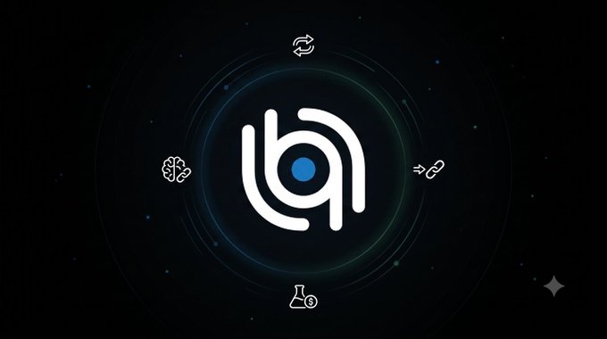 Digital logo featuring a stylized 'b' or interconnected shapes in a glowing circle, surrounded by smaller icons including a brain, arrows, and a beaker.