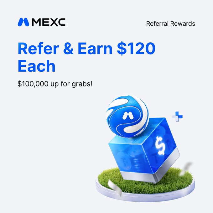 MEXC's "Referral Rewards" program banner advertises "Refer & Earn $120 Each" with "$100,000 up for grabs!" featuring a 3D illustration of the MEXC coin and a dollar cube on grass, promoting the invite-a-friend bonus where both referrer and referee can earn up to 320 USDT each.