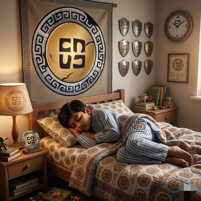 urns of gold and silver, a clock, a lamp with a white shade, a bed with a striped blanket, and a wall with Greek shields are present in the room.