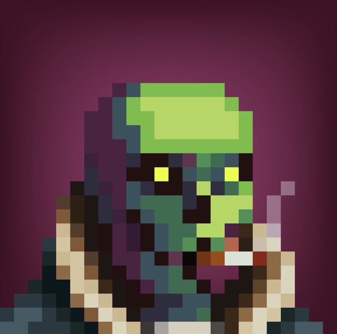 A pixelated, blocky portrait of a green-skinned orc-like character wearing dark armor and holding a weapon against a purple background.